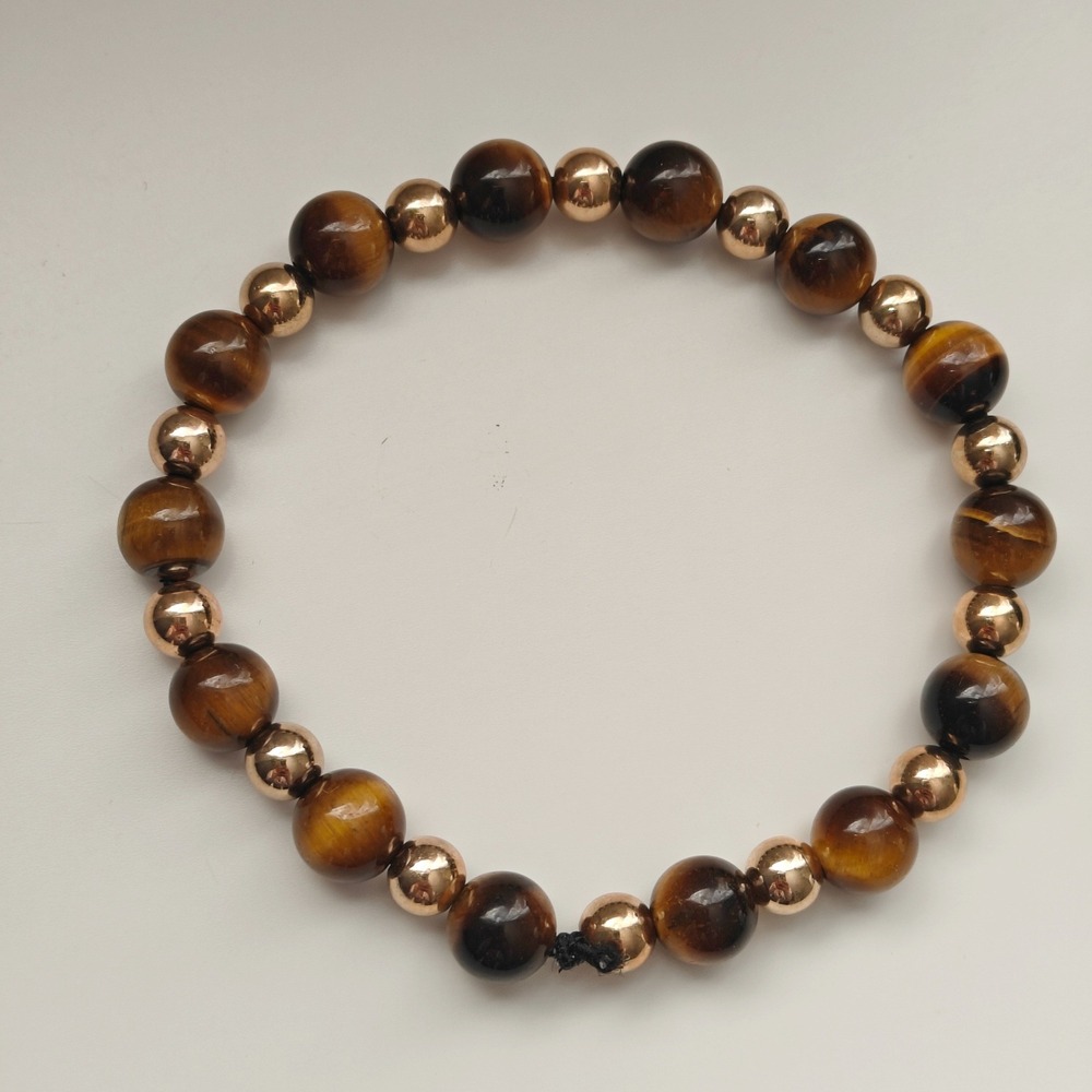 Womens Tigers Eye‎ Beaded Stretch Bracelet Gold Tone Accents Brown Natural Stone